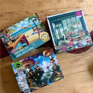 Set of 3 Colorful 500-Piece Jigsaw Puzzles - Beach, Botanical Shop, Fantasy